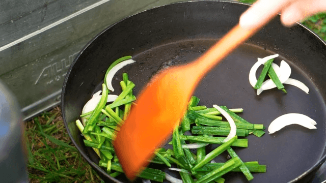 Cooking green onions and onions outdoors in a frying pan