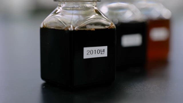 Various Aged Samples of Soy Sauce in Bottles on a Lab Table