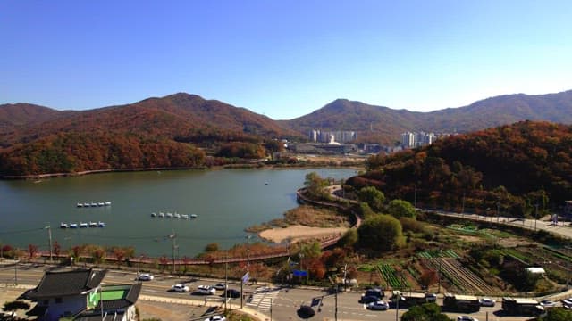 Baekun Lake with beautiful scenery next to a busy road with cars passing by