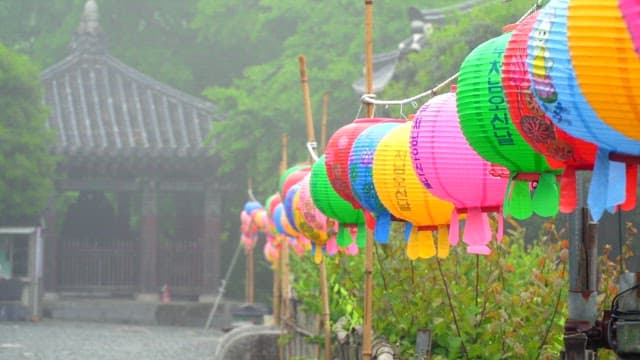 Colorful lanterns for celebrating Buddha's Birthday leading to a temple entrance on a foggy day