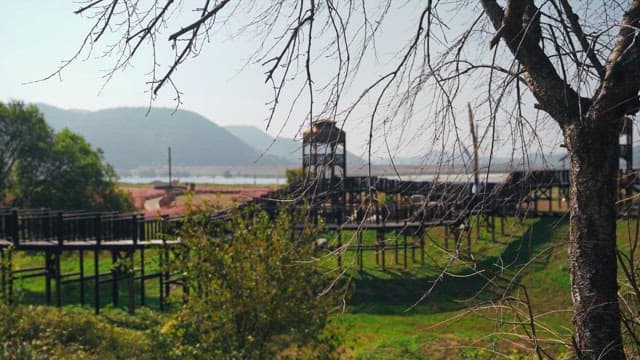 Scenic landscape with wooden observation deck and pathways