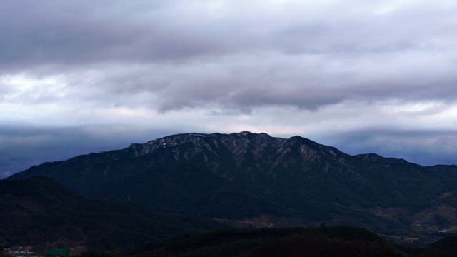 Snow-covered mountains under cloudy skies