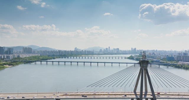 Bridge over a river with city skyline