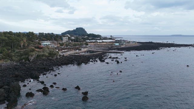 Coastal village with rocky shoreline