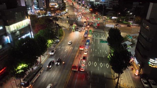 Aerial View of Busy City Intersection at Night