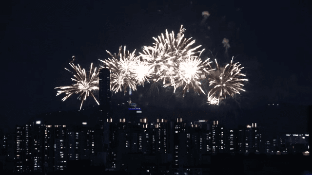 Fireworks illuminating the city skyline