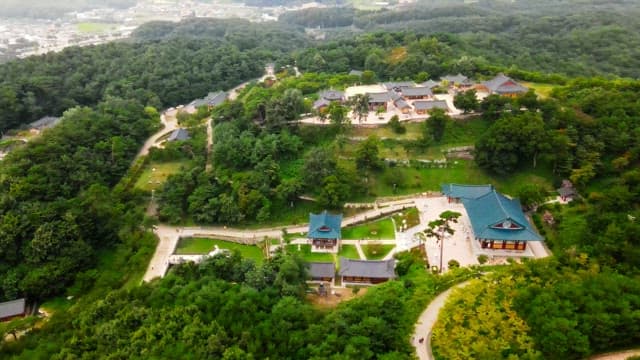 Traditional Korean temple surrounded by lush forest