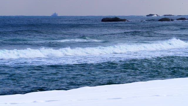 Seaside view on a clear day with waves hitting the shore