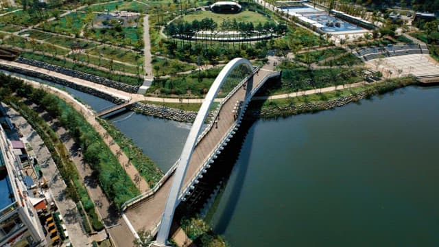 Pedestrian bridge in a peaceful lake park