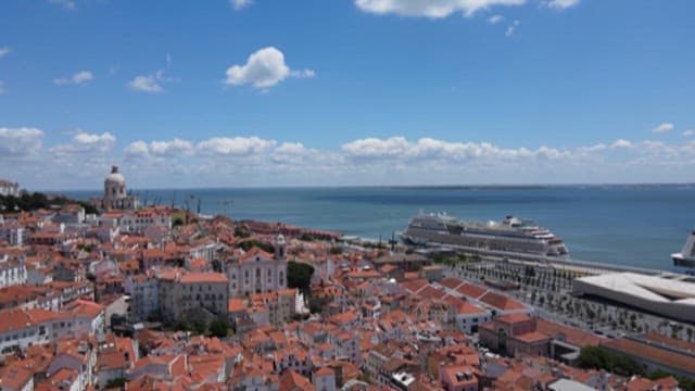Sunny Coastal City with Cruise Ships Docked