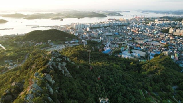 Cable Cars Over Urban Landscape at Dusk