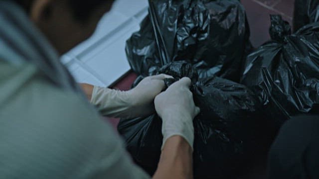 Person Unsealing Garbage Bags Indoors