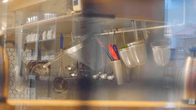 A kitchen seen through a window