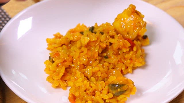 Plate of vibrant seafood paella