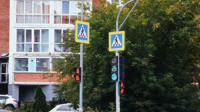 Traffic lights and pedestrian crossing signs on a city street with background greenery