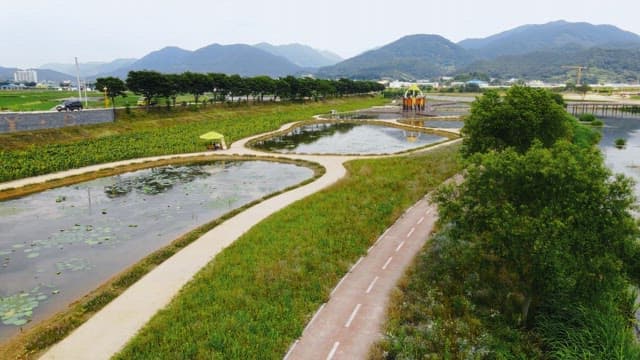 Scenic park with ponds and walking paths