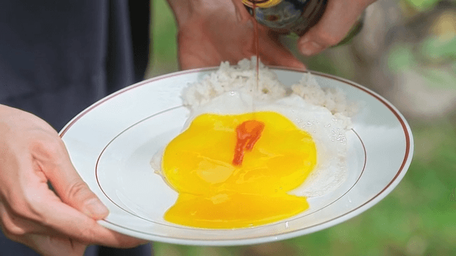 Soy sauce poured over rice and egg