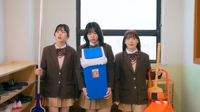 Students in school uniforms holding cleaning tools