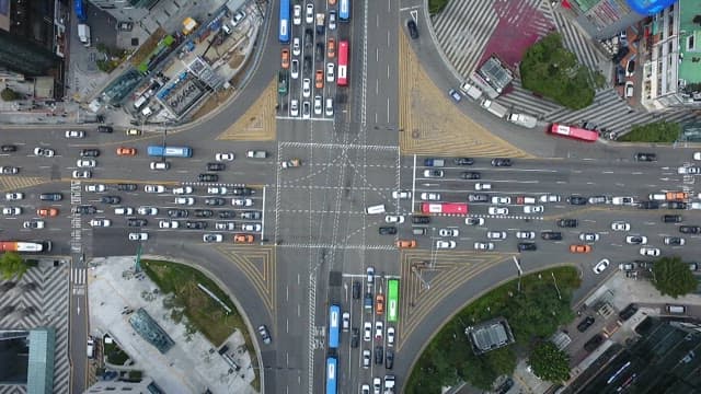 Overhead View of Busy City Intersection