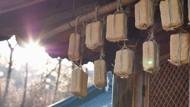 Traditional fermented soybean lumps hanging from the roof of a Hanok