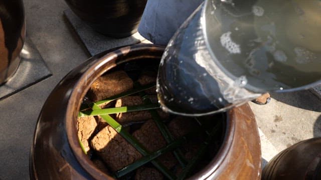 Pouring water over the fermented soybean bricks in a crock pot