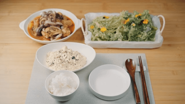 Food Neatly Arranged on a Wooden Table
