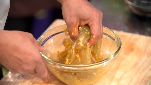 Chef making starch sheet salad with mustard sauce