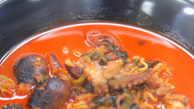 Spicy seafood jjamppong with webfoot octopus