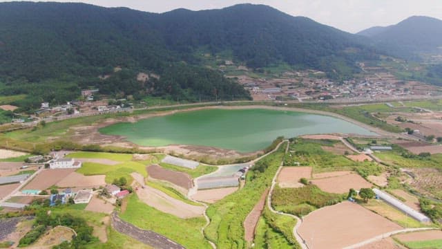 Scenic view of farmland and a lake