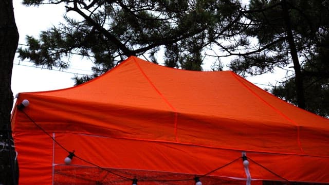 Orange tent set up between trees on a cloudy day