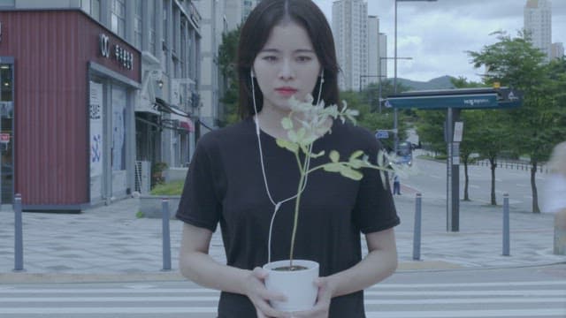 Woman with black clothes standing on a city street with a potted plant.