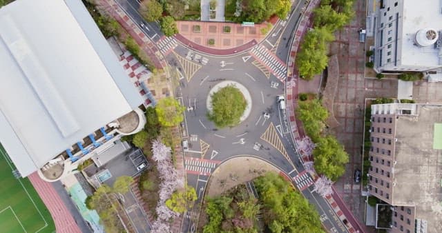 Roundabout surrounded by buildings and greenery