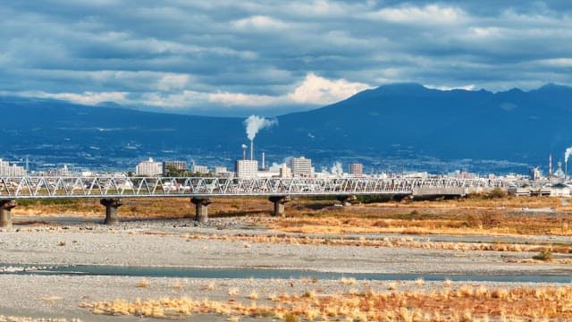 Train crossing a bridge in a cityscape