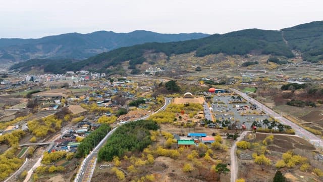 Scenic village surrounded by mountains