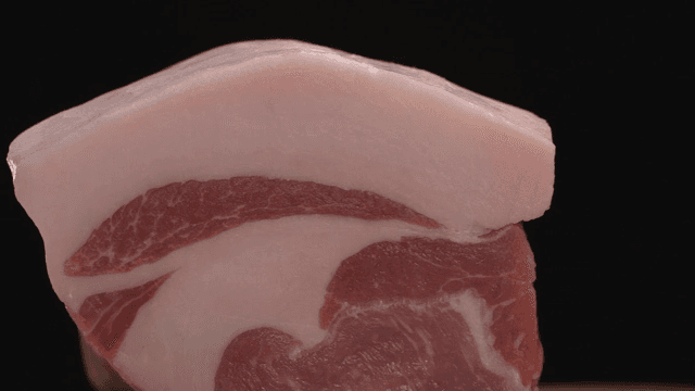 Close-up of raw pork with fat layers