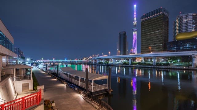 Night view of a city with a lit tower