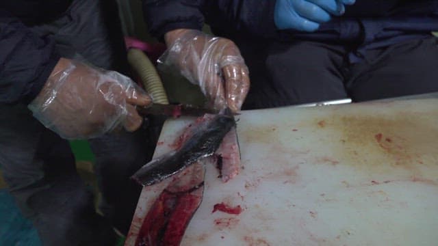 Saury being trimmed on a cutting board