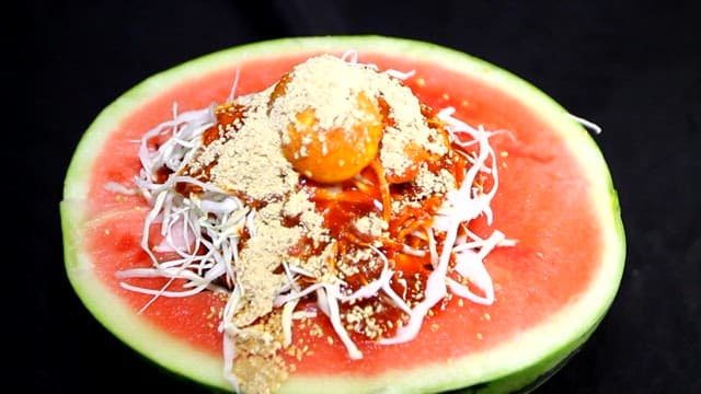 Summer delicacy, cold noodles with watermelon