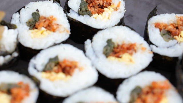 Appetizing kimbap with dried shrimp and mustard greens