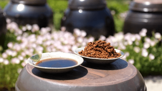 Traditional fermented soybean paste and soy sauce on a crock under bright outdoor sunlight