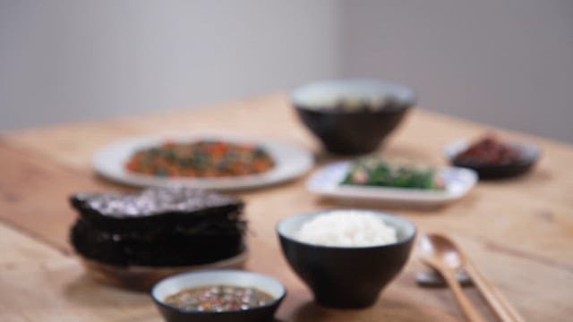 Traditional Korean breakfast with assorted side dishes