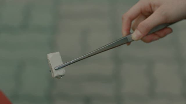 Hand holding tweezers with a small white object