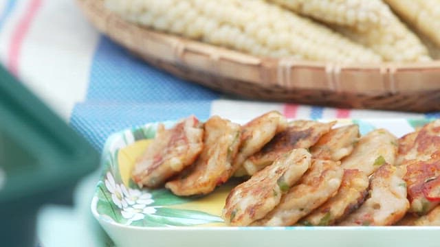 Fresh Corn in a Basket and Pancakes