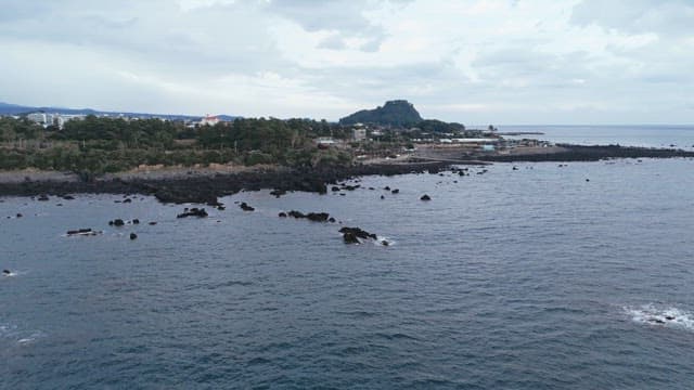 Coastal view with rocky shoreline and distant mountain
