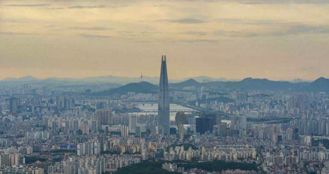 Panoramic view of the bustling city skyline and red sunset