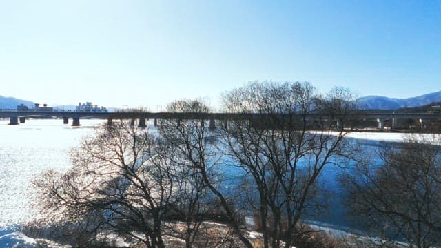 Serene river view with bridge and mountains