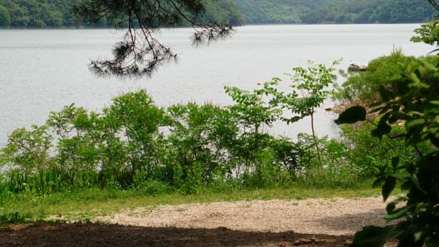 Man riding a motorcycle stops at the blue lakeside