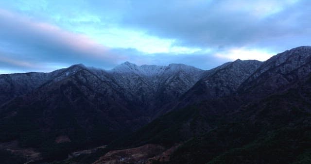 Snow-covered mountains under cloudy skies