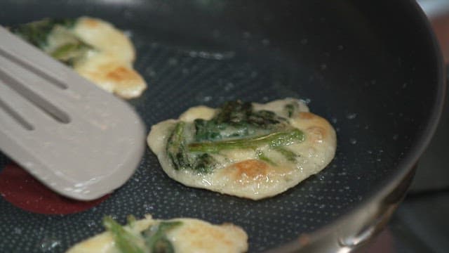 Frying Korean Thistle Pancake on a Frying Pan