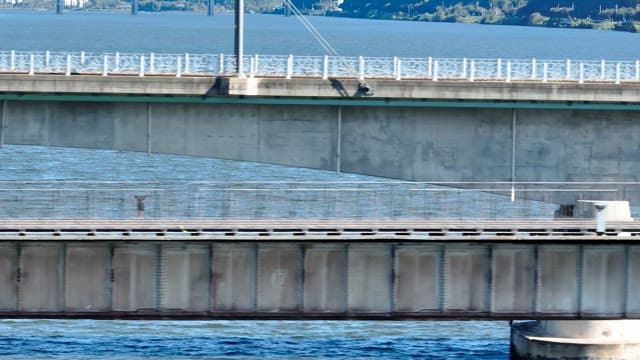 Cyclist and pedestrian on a bridge